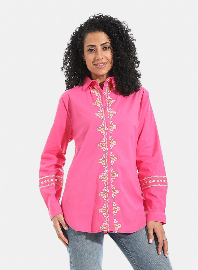 Andora Embrodired Long Sleeves Turned Down Collar Shirts _ Pink & White & Yellow - Image 1