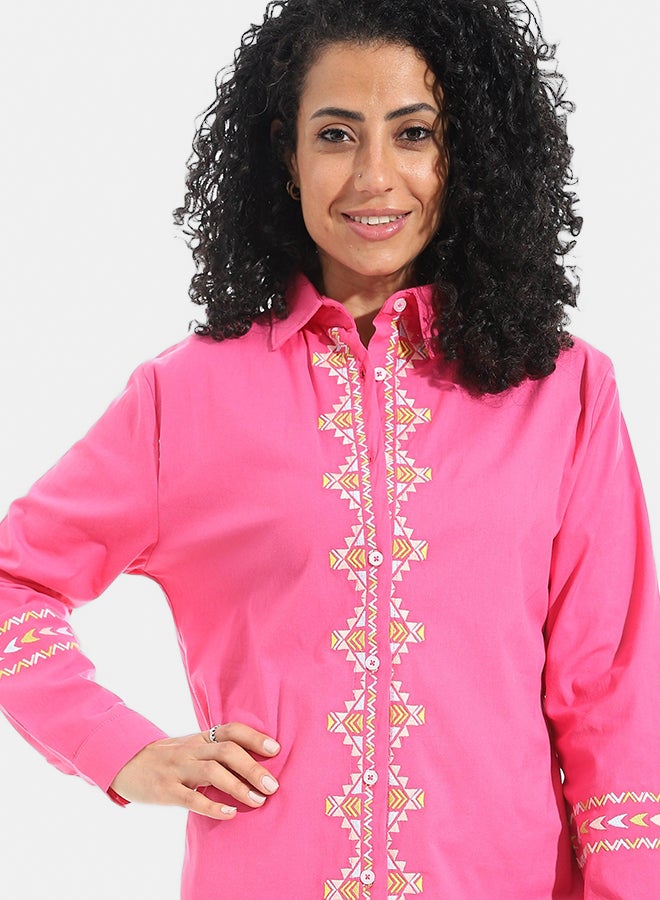 Andora Embrodired Long Sleeves Turned Down Collar Shirts _ Pink & White & Yellow - Image 2