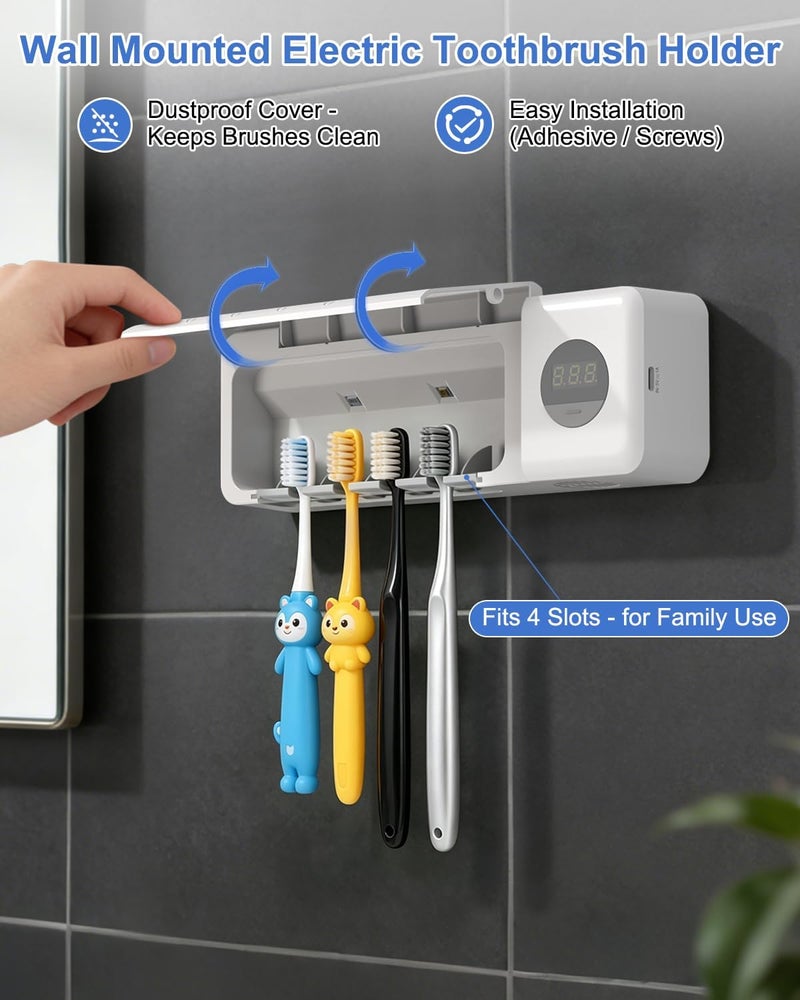 hulmay UV Toothbrush Sanitizer with Holder, Electric Toothbrush Holder Wall Mounted with Cover for 4 Slots, 2000mAh Rechargeable with Timer, Cordless Bathroom Organizer - White - Image 3
