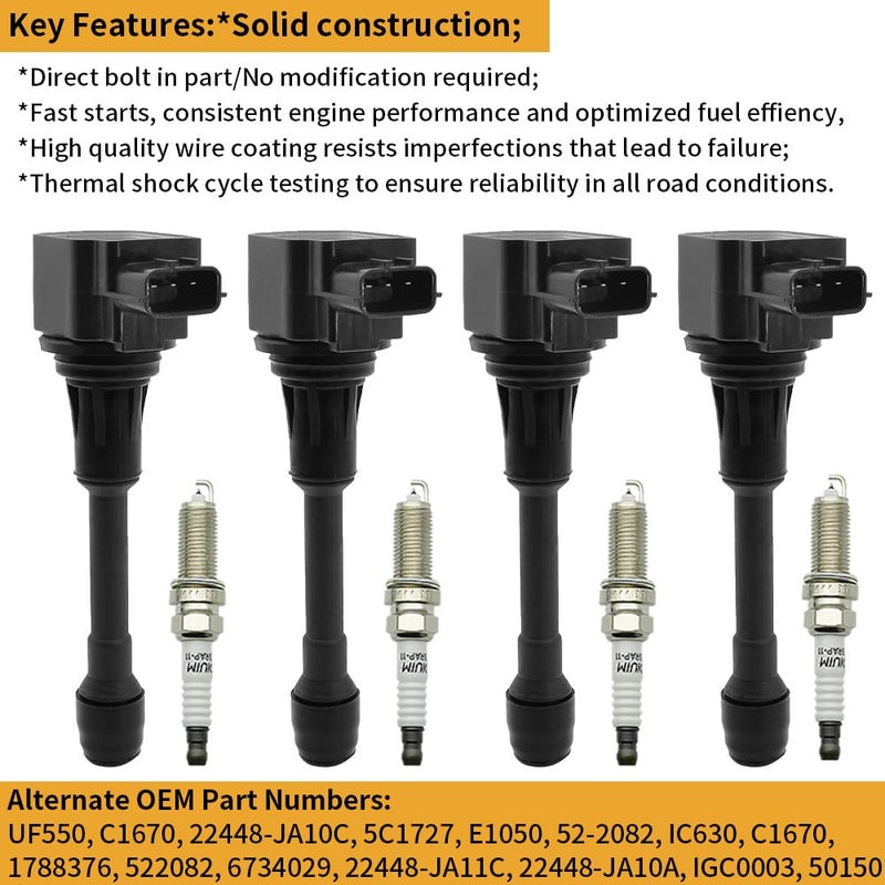 CNPAPC 4 PCS UF549 Ignition Coil Pack with Spark Plugs Compatible with Nissan Altima/March/NP300/Rogue/Sentra/Pathfinder 1.6L 1.8L 2.5L, for Infiniti FX50/M56/Q70 5.0 5.6L 2019# GN10241 5C1753 22448ED000 - Image 2