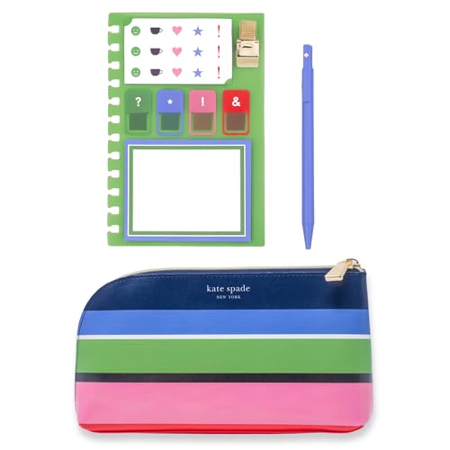 Kate Spade New York Zipper Pouch Filled with Planner Stickers and Accessories, Set Includes Notepad, Sticker Tabs, Black Ink Pen and Holder, Vegan Leather Accessory Bag, Sunny Day Stripe - Image 1