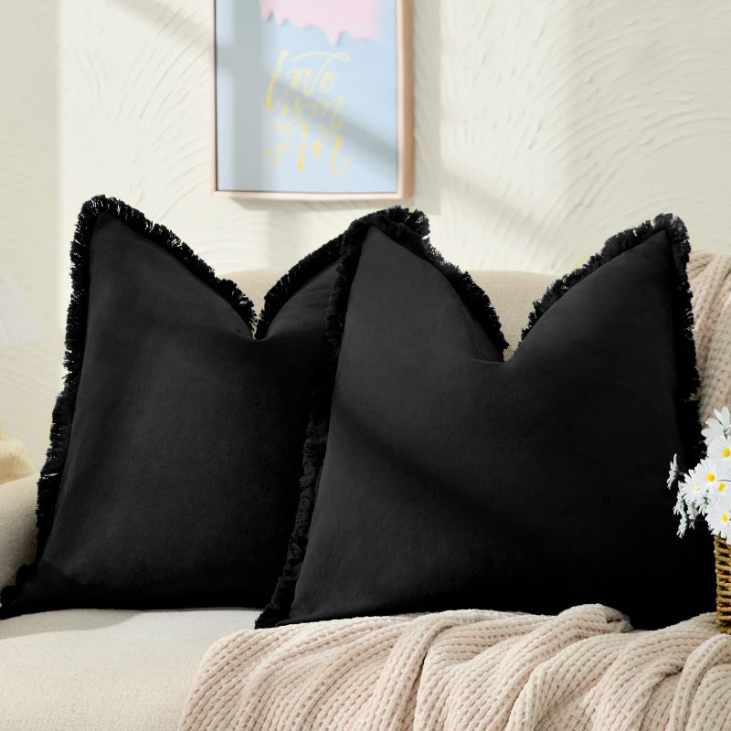 ZWJD Pillow Covers 18x18 Set of 2 Black Throw Pillow Covers with Fringe Chic Cotton Decorative Pillows Square Cushion Covers for Sofa Couch Bed Living Room Farmhouse Boho Decor