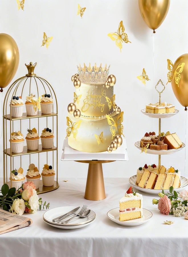 زينة كعكة عيد ميلاد على شكل تاج من زويفوكس، زينة كعكة مع زينة كعكة عيد ميلاد سعيد، كرات، فراشات ذهبية، تاج بارا باستيل للنساء، أميرة، ديكور حفلات الزفاف (ذهبي و AB) - Image 2