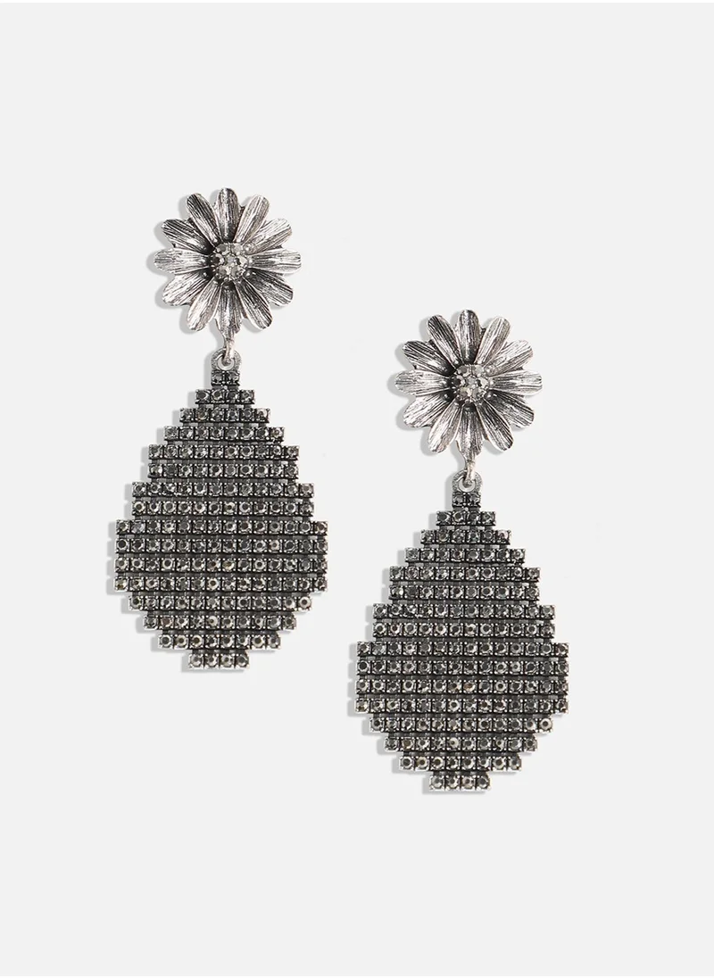 SOHI Daisy Teardrop Cluster Drop Earrings - Dark Silver-Colour