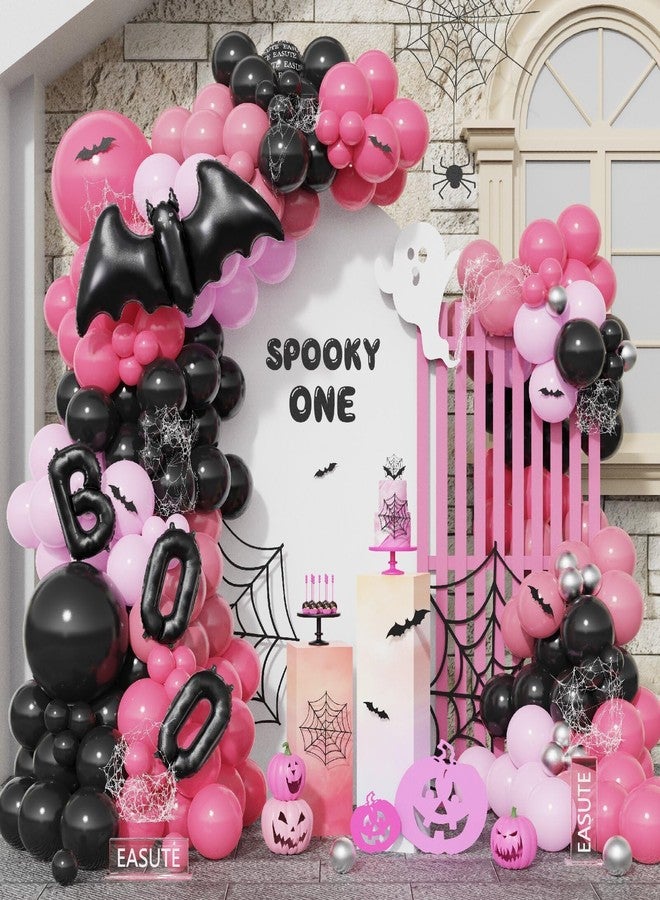 EASUTE Halloween A Little Boo Balloon Arch, 169PCS Pink Black Balloons with Black Bat BOO Balloon Bat Wall Stickers for Spooky One Birthday Decorations Baby Shower Birthday Halloween Party Supplies - Image 1