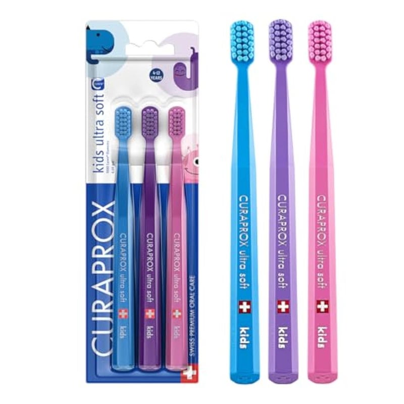 Curaprox Kids Ultra Soft Toothbrush Trio Pack | 3 Pack Soft Toothbrush for Sensitive Gums | Gentle Curen Filaments for Ages 4 to 12 | Swiss Made Oral Care (Blue Purple Pink) - Image 1