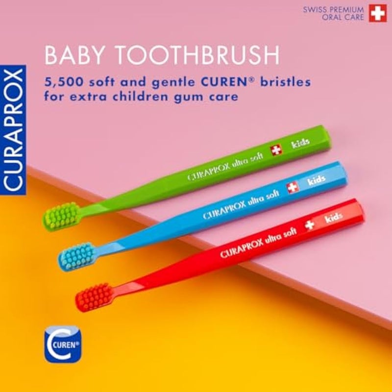 Curaprox Kids Ultra Soft Toothbrush Trio Pack | 3 Pack Soft Toothbrush for Sensitive Gums | Gentle Curen Filaments for Ages 4 to 12 | Swiss Made Oral Care (Blue Purple Pink) - Image 2