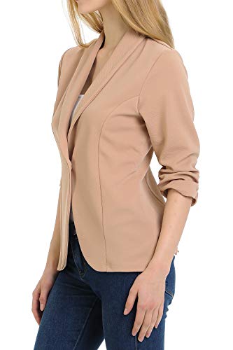 MINEFREE Women's 3/4 Ruched Sleeve Lightweight Work Office Blazer Jacket Mocha L - Image 3