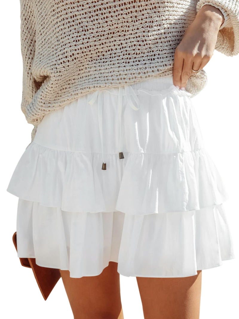 Aoudery Flowy Shorts for Women Boho Ruffled Tiered Skorts Casual High Waist Mini Skirts Tennis Golf Comfy Shorts 2026 - A White L - Image 1