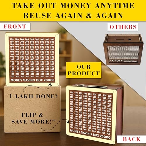 SWAGSTATION Money Saving Box for Kids and Adults | Wooden Money Bank with Lock | Big Size Piggy Bank 2 Lakh Target | 1 Lakh Saving Box with Numbers | Undiyal Hundi Piggy Bank (Money Box Pack of 2) - Image 3