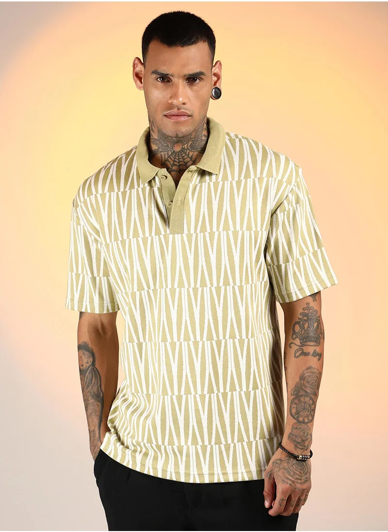 Campus Sutra Men's Olive Green Veined Polo T-Shirt