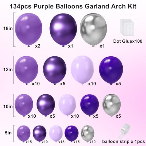 YMSZ Purple Balloon Garland Arch Kit 134PCS Purple and Silver Balloons with Different Size for Birthday Wedding Baby Shower Decorations - Image 5