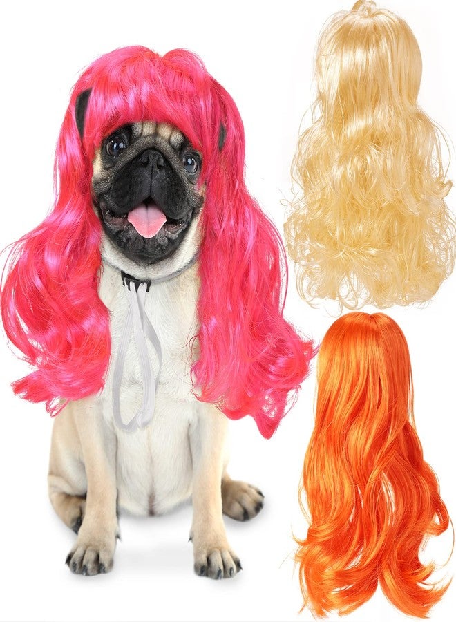 Waydress 3 Pieces Pet Wigs Cats and Dogs Wigs Funny Cosplay Pet Headwear Dog Cat Wigs in Pink Orange Gold with Adjustable Elastic Bands for Pet Dog Cat Holiday Party Cosplay Costumes - Image 1