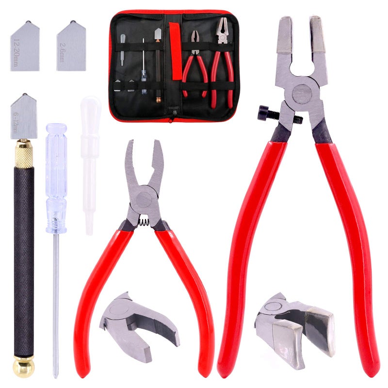 Hilitchi 3Pcs Premium Glass Running Breaking Pliers and Glass Cutter Tool with Two Replacement Heads 1 Screwdriver and 1 Dropper Tube Professional Glass Tool Kit
