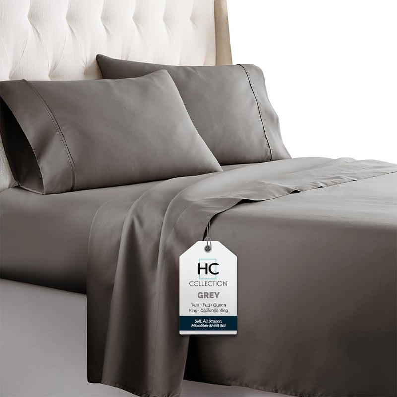HC COLLECTION Bed Sheets Cal King Hotel Luxury Platinum 1800 Series Brushed Microfiber Flat Sheet Deep Pocket Fitted Sheet and 2 Envelope Pillowcases Ultra Soft 4 Pcs Bedding for Hot Sleepers Gray