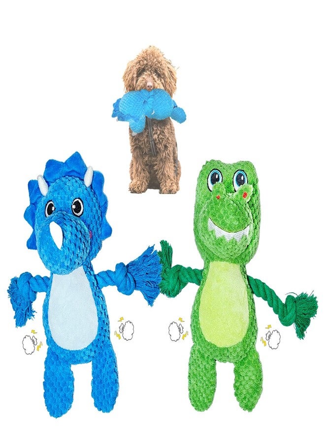Lunarixel Squeaky Tug of War Dog Toys with Crinkle Paper, Stuffed Dog Plush Chewing Toy, Cotton Rope Interactive Toys for Puppy, Small, Middle and Large Dogs, Blue and Green Dinosaur 2-Pack - Image 1