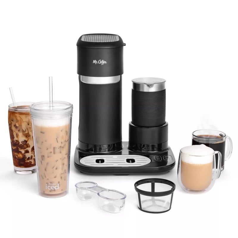 Mr. Coffee 4-in-1 Single-Serve Latte, Iced, and Hot Coffee Maker with Milk Frother and Tumbler Black - Image 1