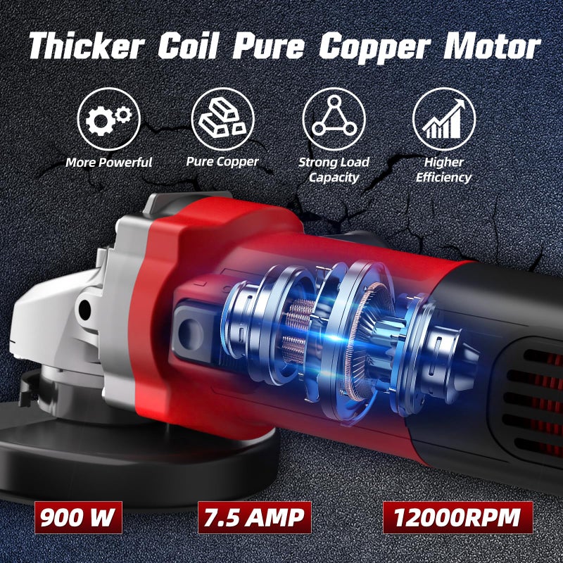 Revvstark Angle Grinder, 7.5-Amp 4 1/2 inch Electric Grinder Power Tools 12000 RPM with Cutting and Grinding Wheels, Flap Disc and Auxiliary Handle for Cutting, Grinding, Polishing, M14 Thread - Image 3