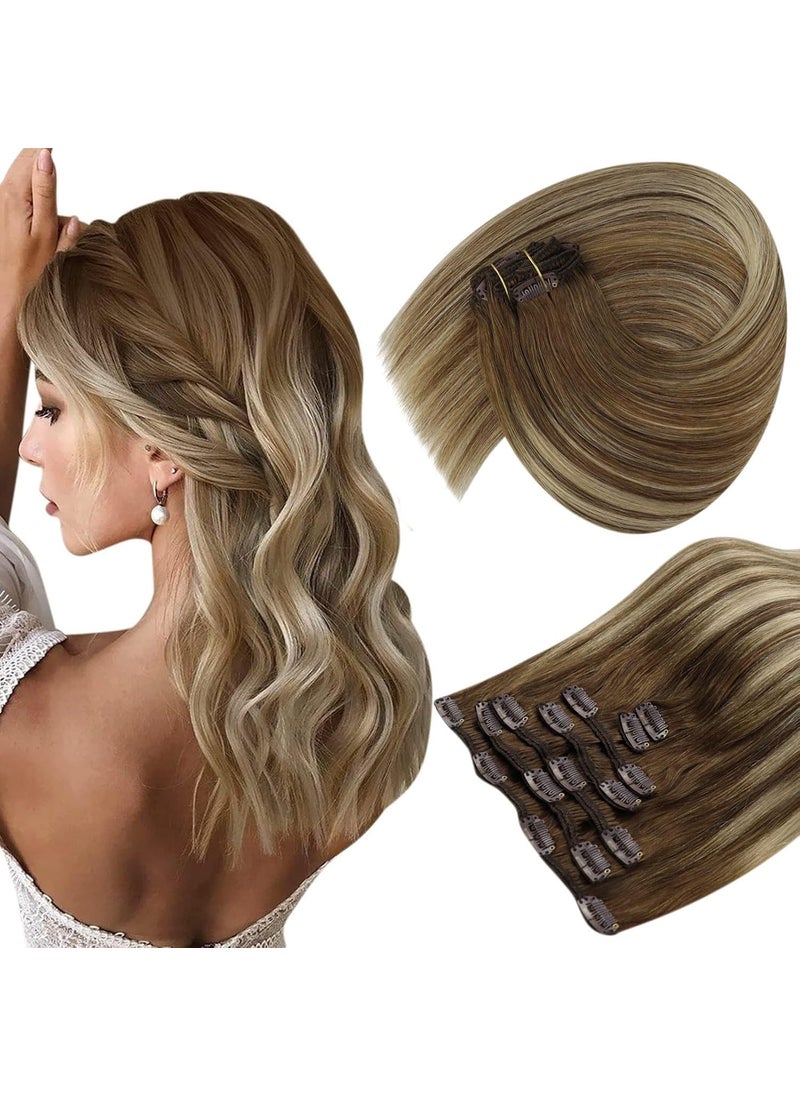 Sunny Hair - Sunny Hair Clip in Hair Extensions Straight Human Hair Clip in Extensions Remy Clip in Hair Extensions Real Human Hair Extensions Clip ins Chestnut Brown Balayage Platinum Blonde Ombre 22inch - Image 1