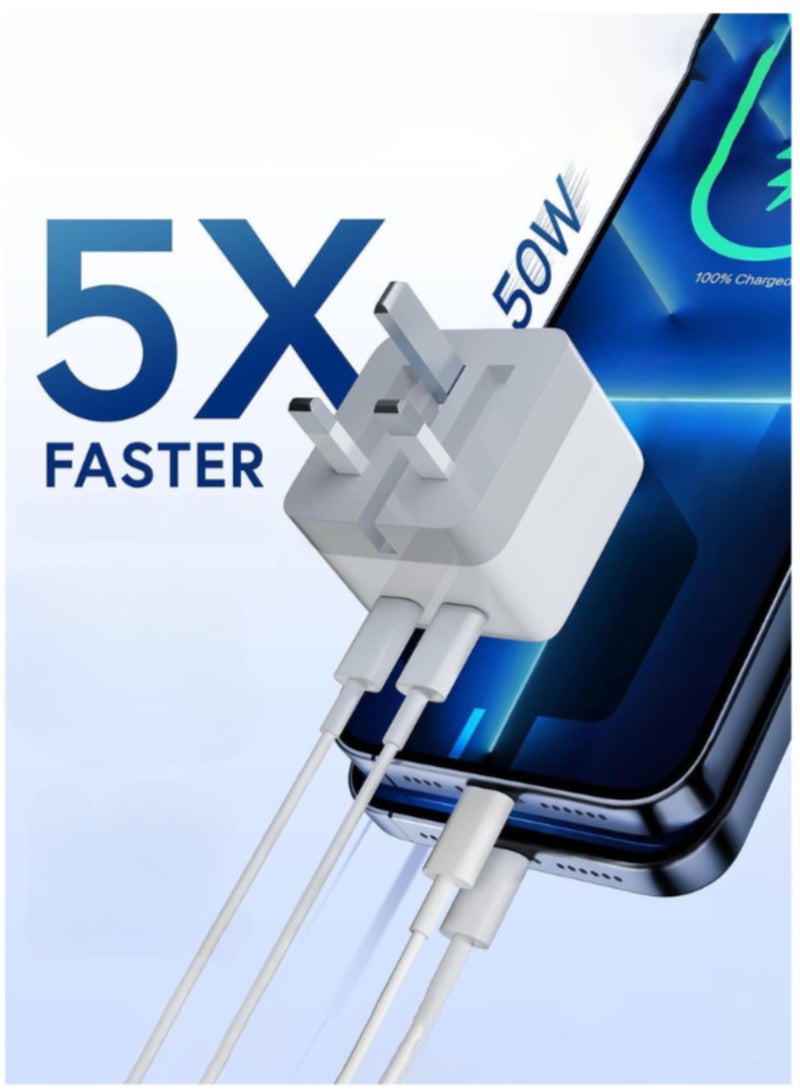 50W For iPhone Charger Dual Type C Port With  Quick Charging USB C Plug Compatible With New iPhone 14/14Pro/14Pro Max/14 Plus/13Pro Max /13 Pro/13/12/11/XS iPad Mini 6/ iPad Pro - Image 2
