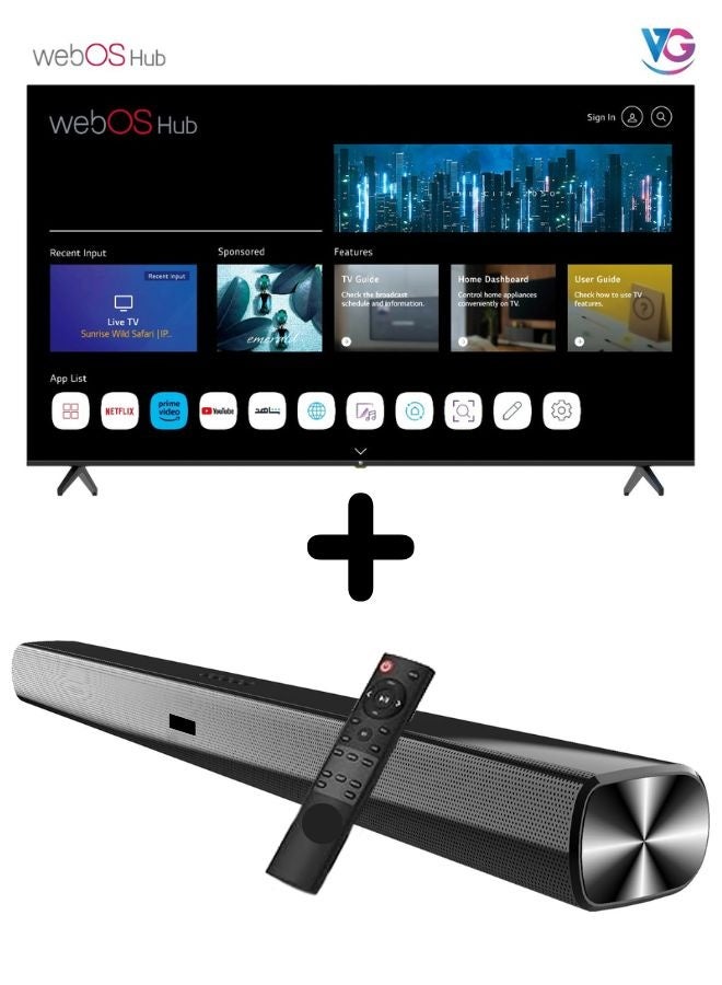 VG Bundle Of 65-inch Edgeless 4K UHD Smart TV (WebOS Hub, Dolby Audio, Frameless Design) With Soundbar (Bluetooth, FM Radio, 2.0 Channel Audio)
