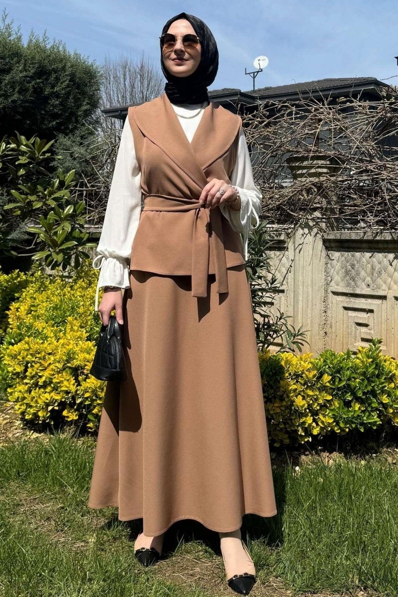 Rabia Şamlı Rabia Damask Elegant Skirt Vest Set Camel - Image 2