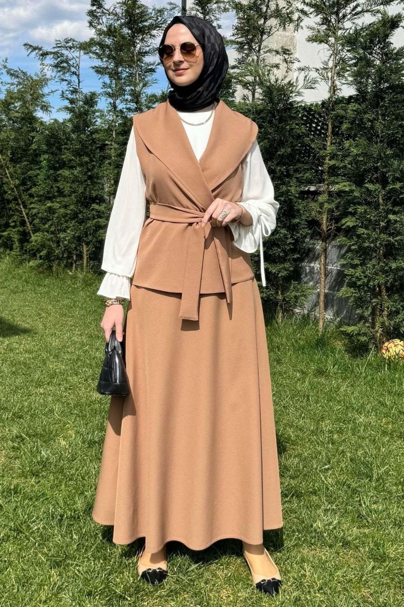 Rabia Şamlı Rabia Damask Elegant Skirt Vest Set Camel - Image 3
