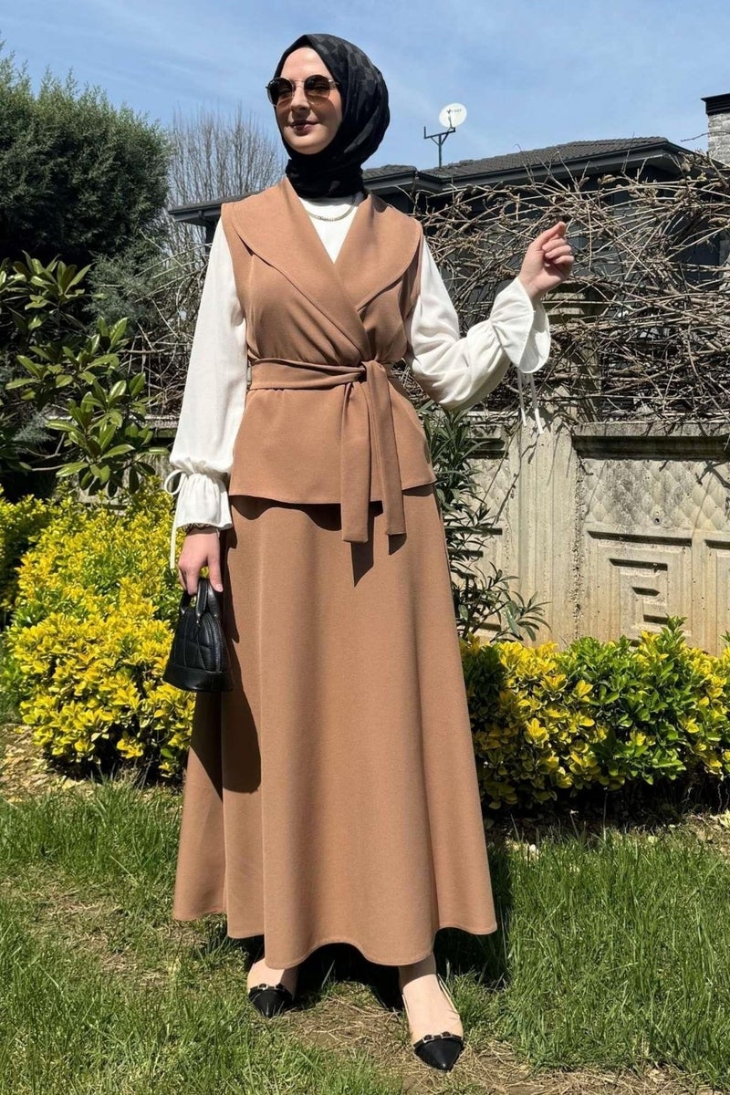 Rabia Şamlı Rabia Damask Elegant Skirt Vest Set Camel - Image 4