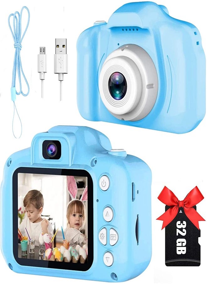 PADOM - Padom HD Kids Camera, Birthday Gifts for Boys Age 3-9, HD Digital Video Cameras for Toddler, Portable Toy for 3 4 5 6 7 8 Year Old Boy with 32GB SD Card (BLUE) - Image 1