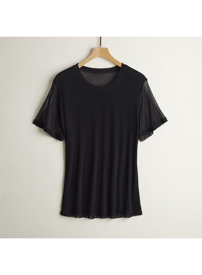 VUELO Silk Mesh T-shirt Women's New Mesh Mulberry Silk Solid Color Round Neck Short Sleeve Top Large Size Base Shirt 