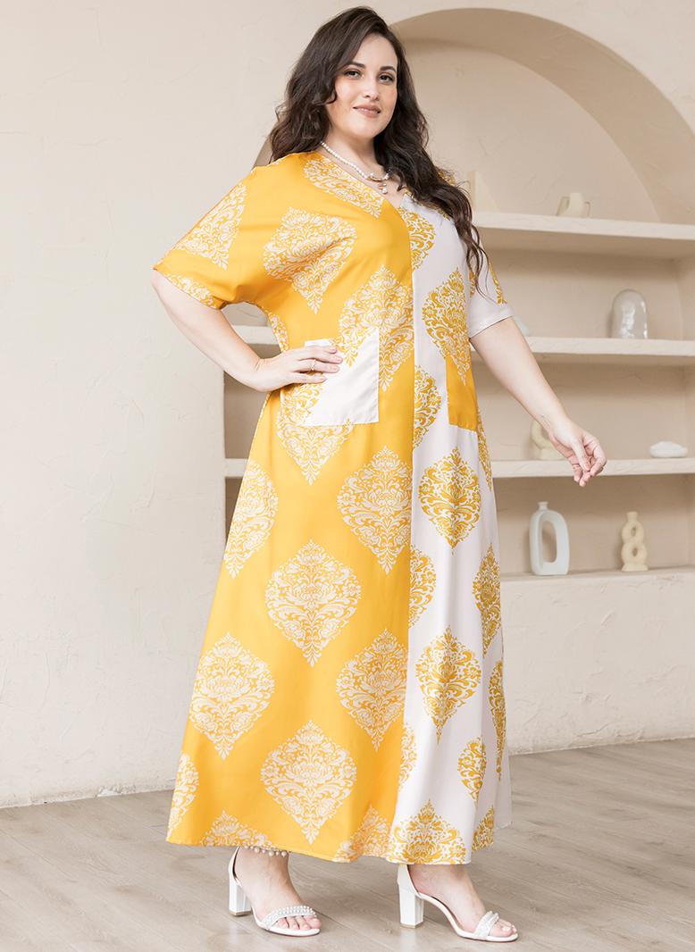 FridayIn Sweet V-neck Color contrast Printing Splicing Pos-flower Regular sleeve Plus Size Dresses White - Image 3