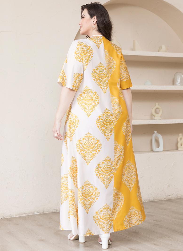 FridayIn Sweet V-neck Color contrast Printing Splicing Pos-flower Regular sleeve Plus Size Dresses White - Image 2