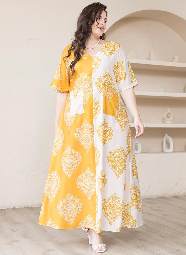 FridayIn Sweet V-neck Color contrast Printing Splicing Pos-flower Regular sleeve Plus Size Dresses White - Image 1