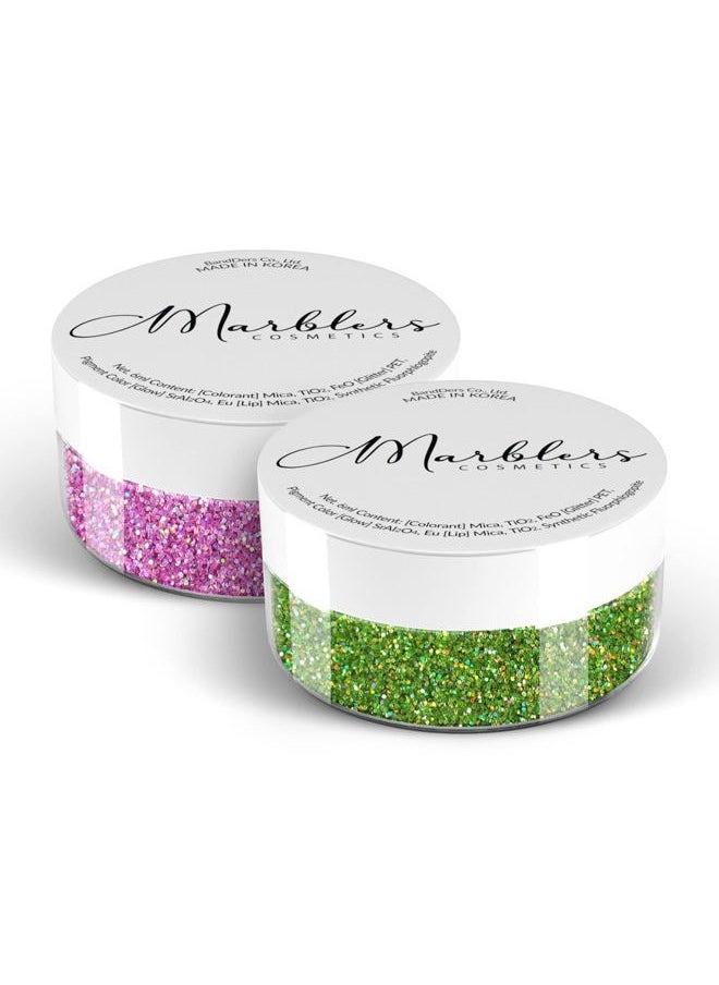 MARBLERS Cosmetic Grade Fine Glitter Duo [Holo Green Apple & Bubblegum] 0.36oz (10g) | Non-Toxic | Vegan | Cruelty-Free | Eyeshadow, Nail Polish, Nail Art | Festival, Rave & Party Makeup | Body & Face  - Image 1