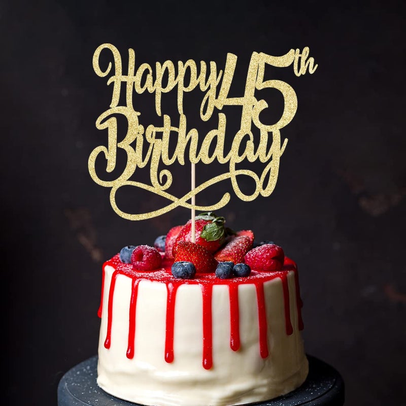 Qertesl Gold Glitter Happy 45th Birthday Cake Topper Cheers to 45 Years happy 45th Birthday Cake Topper 45th Anniversary Cake Topper  men and women 45 years old happy birthday Party Decoration - Image 1