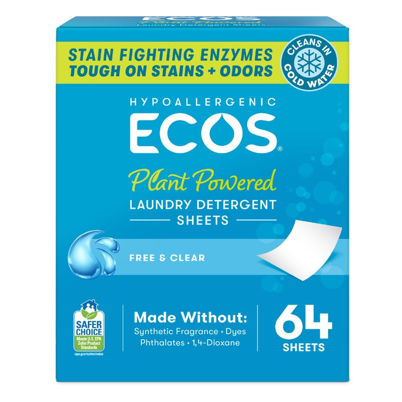 ECOS Laundry Detergent Sheets Vegan, No Plastic Jug, No Mess & Liquid Free - Hypoallergenic, Plant Powered Laundry Detergent Sheet - Free and Clear - 64 Count (Pack of 1) - Image 1
