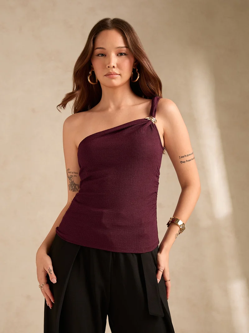 Outzidr  Wine One Shoulder Textured Metal Trim Top for Women | Best Price UAE