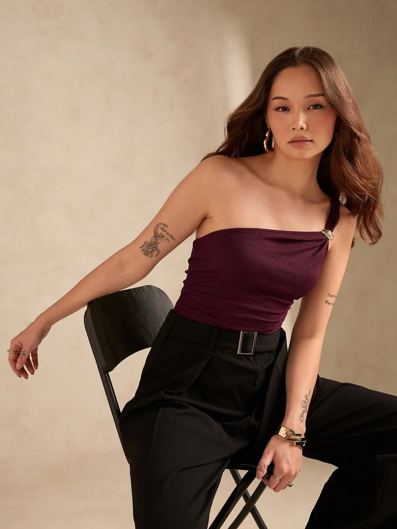 Outzidr  Wine One Shoulder Textured Metal Trim Top for Women | Best Price UAE