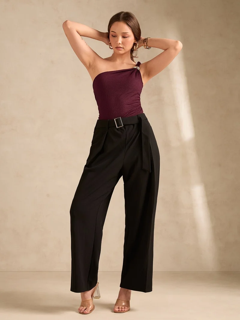 Outzidr  Wine One Shoulder Textured Metal Trim Top for Women | Best Price UAE