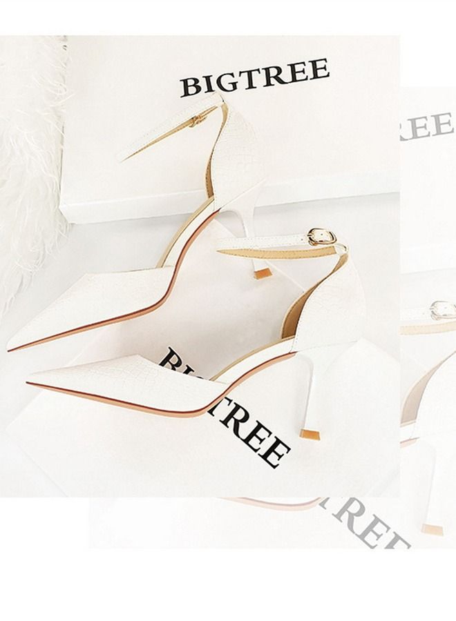 BIGTREE Pointed One-Line High-Heeled Sandals 8CM White - Image 3
