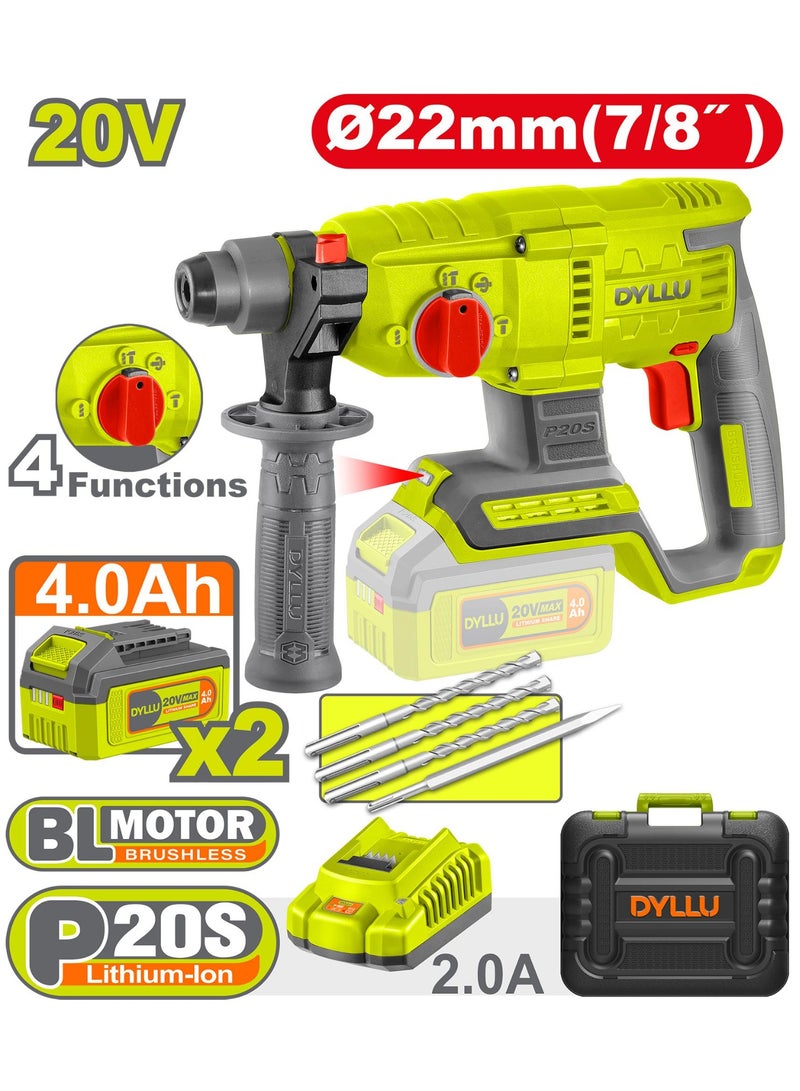 DYLLU P20S 20V Cordless Brushless Rotary Hammer Drill, 4-in-1, 22mm, 2×4.0Ah Batteries - Image 1