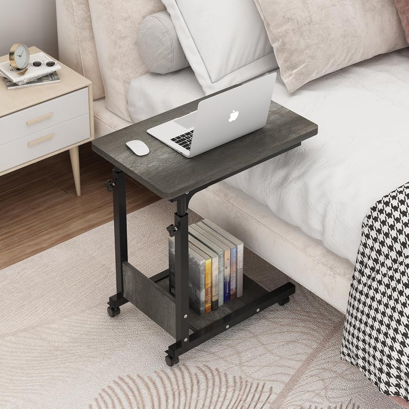 TigerDad Adjustable Height C Table Sofa Side Bedside Table with Wheels, Hospital Bed Table Rolling Tray with Storage, Mobile Computer Desk Laptop Table for Home Use,Gray - Image 1