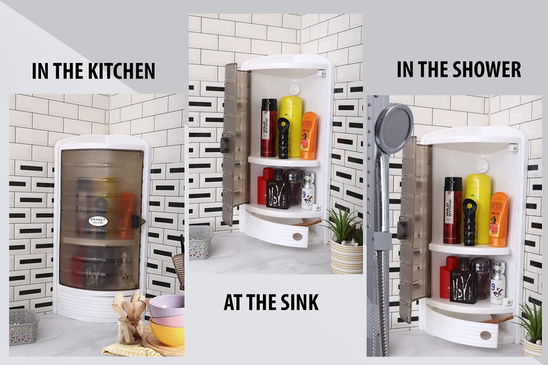 GRACE FINE WARE Multipurpose Corner Cabinet for Storage, Wall Mounted Kitchen Corner Shelf with 3 Tiers & 2 Doors, Premium Plastic Cabinet for Living Room Kitchen Office Bathroom - Image 2