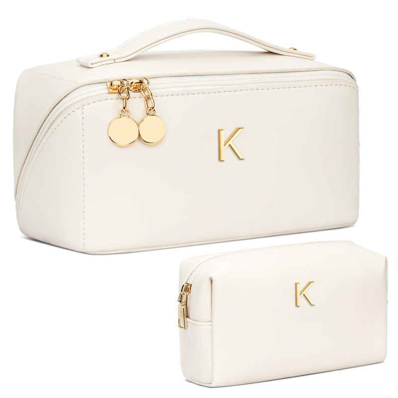 CLOUDWINGS Birthday Gifts for Women Teen Girl, Personalized Initial Makeup Organizer Bag Set, Open Flat Travel Cosmetic Bag With Clear Divider and Handle(Beige,K) - Image 1