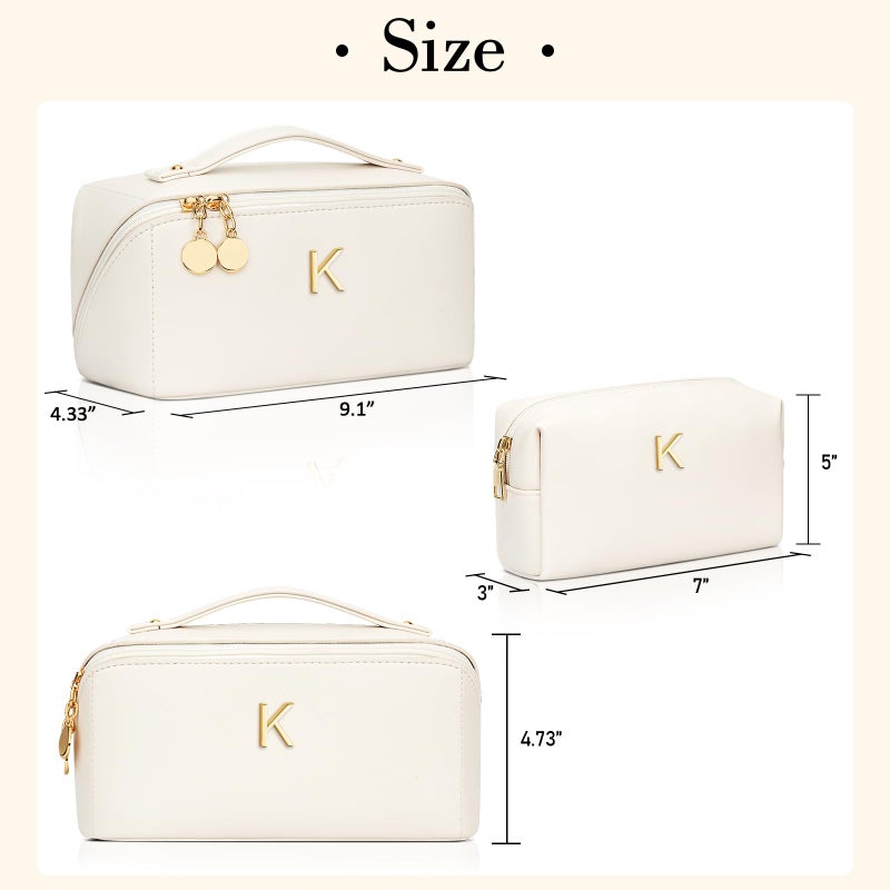 CLOUDWINGS Birthday Gifts for Women Teen Girl, Personalized Initial Makeup Organizer Bag Set, Open Flat Travel Cosmetic Bag With Clear Divider and Handle(Beige,K) - Image 5
