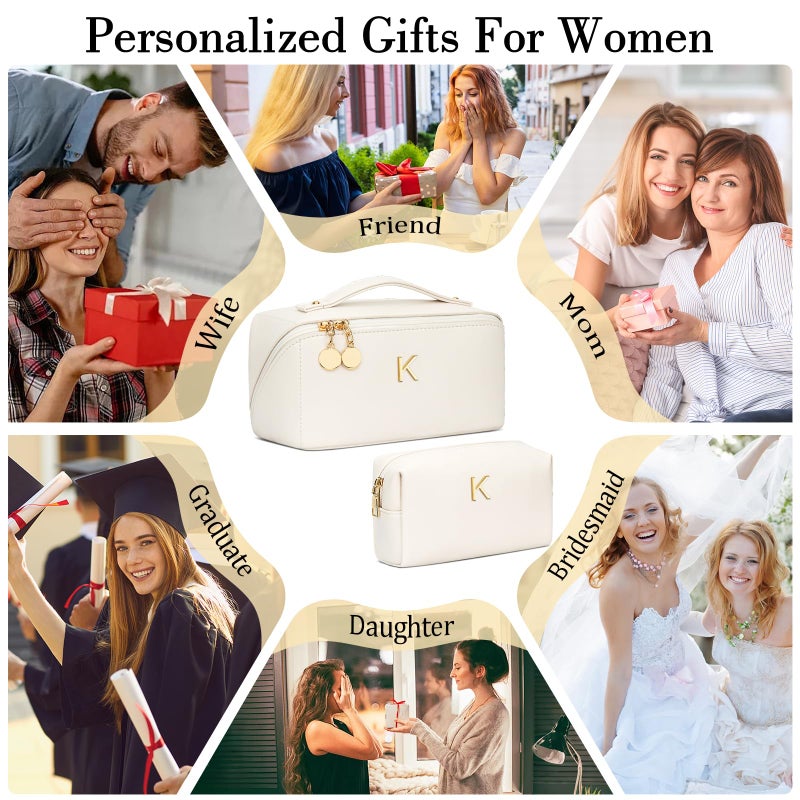 CLOUDWINGS Birthday Gifts for Women Teen Girl, Personalized Initial Makeup Organizer Bag Set, Open Flat Travel Cosmetic Bag With Clear Divider and Handle(Beige,K) - Image 2