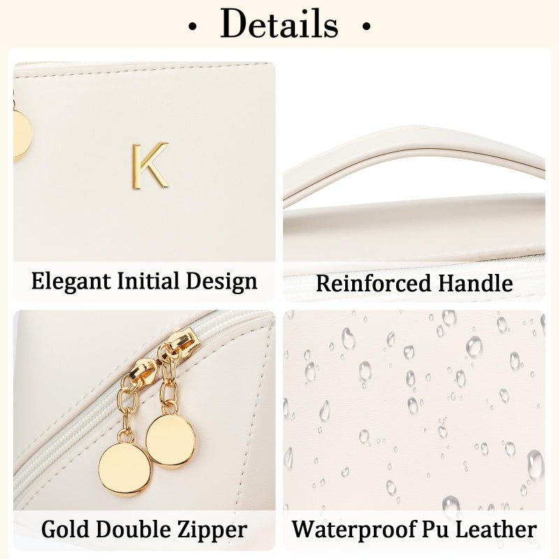 CLOUDWINGS Birthday Gifts for Women Teen Girl, Personalized Initial Makeup Organizer Bag Set, Open Flat Travel Cosmetic Bag With Clear Divider and Handle(Beige,K) - Image 4