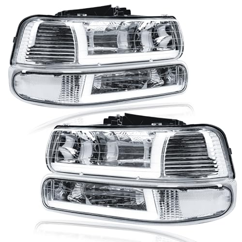 Fullux LED DRL Headlights Assembly for 1999-2002 Chevy Silverado 1500 2500 1500HD 2500HD 3500 2000-2006 Suburban Tahoe Headlamp Clear Reflector Chrome Housing - Image 1