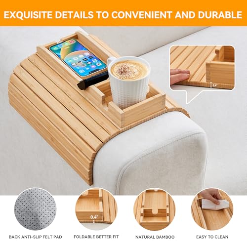 GEHE Bamboo Couch Cup Holder, Anti-Spill Sofa Arm Tray, Natural and Easy to Clean Couch Arm Cup Holder Armrest Tray Perfect for Cups, Beers, Snacks, Remote Control, Drinks - Image 4