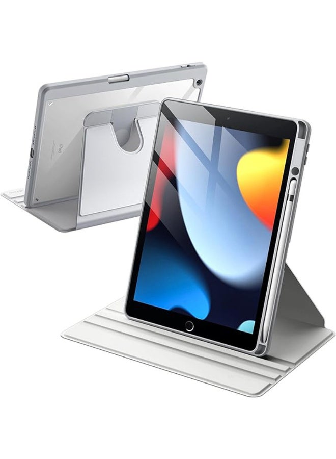 حافظة دوارة لجهاز iPad 9/8/7 (10.2 بوصة، موديل 2021/2020/2019، الجيل التاسع/الثامن/السابع) مع حامل قلم، غطاء واقٍ قابل للدوران 360 درجة، ظهر شفاف، إيقاظ/سكون تلقائي